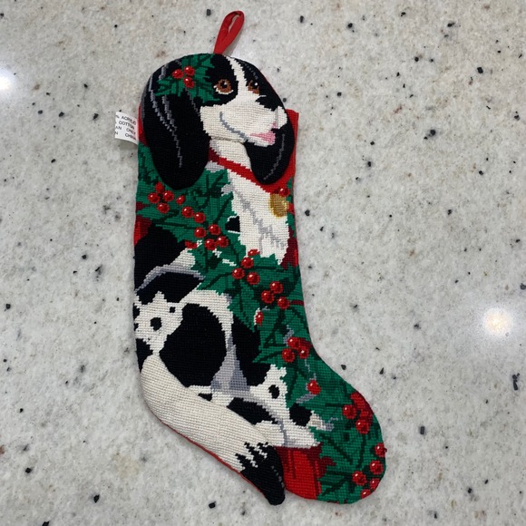Vintage Needlepoint Christmas Stocking Black White Spotted Dog Spaniel Holly - Picture 2 of 6